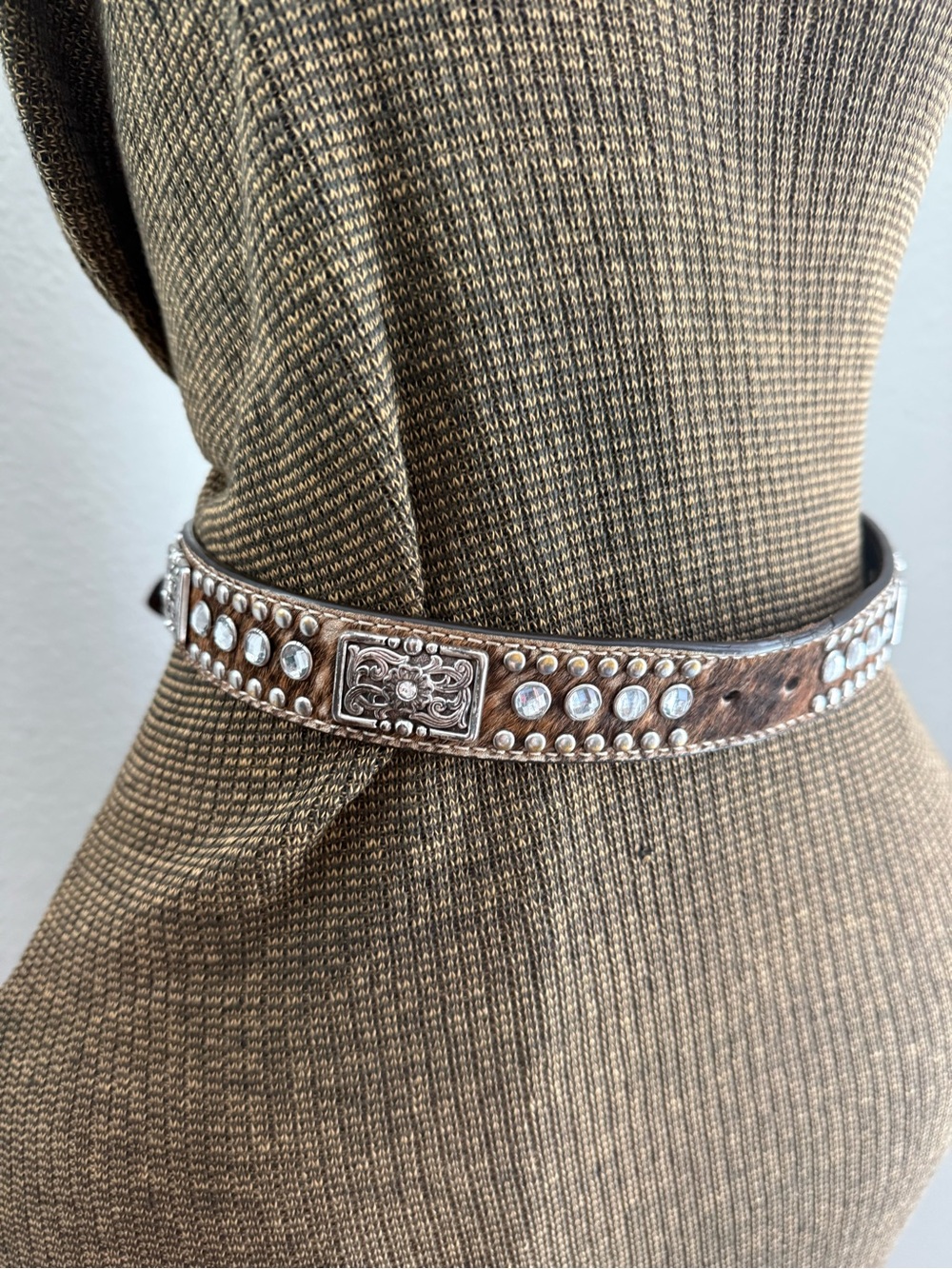 Nocona Brown Studded Leather Belt with Rhinestone and Ornate Silver Buckle